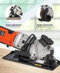 Heavy Duty Mini Circular Saw With Beefy 4 Amp Motor And Crisp Laser Sight For Dang Clean Cuts On PVC Laminate Drywall And 2x4s Featuring Slick Dust Collection Port showing angle and depth adjustment features.