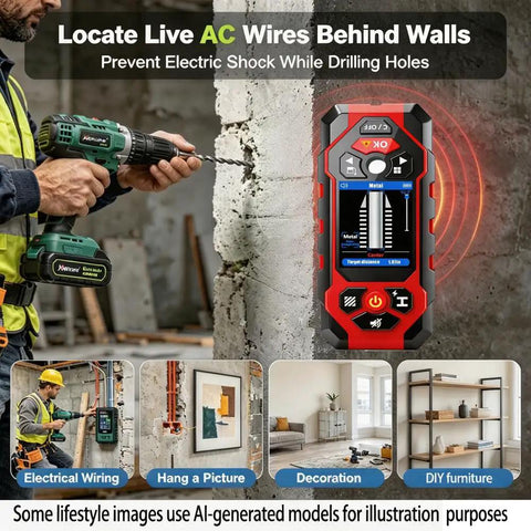 Rugged Seven In One Wall Scanner Stud Finder With Integrated Laser Distance Meter detecting live AC wires behind a wall.