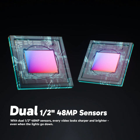 Close-up view of dual 1/2" 48MP sensors for Weatherproof 5.7K 360 Video Action Camera Creator Bundle With One Half Inch 48MP Sensor, 72MP 360 Photos, 360 SuperSmooth, Touchscreen, Invisible Selfie Stick, Horizon Lock, AI Tracking.