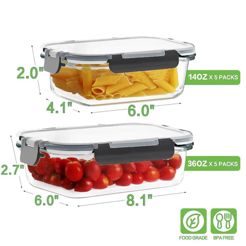 Glass Meal Prep Containers Set With Locking Lids, Borosilicate Glass Food Storage, Airtight And Leak Proof, 36oz And 14oz Portions