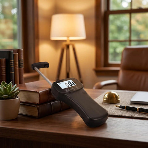 Heavy Duty Digital Force Gauge 5kg Portable Push Pull Tester on a desk with books and a plant, measuring tension.