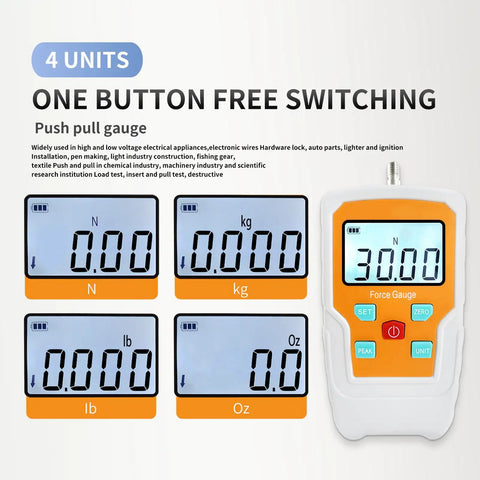 Precision Digital Force Gauge With Kickass Push Pull Testing Capabilities And Straight Up Hella Accurate Readings In Newton Pound Ounce Units For Heavy Duty Material Stress Checks And Bombproof Calibration on display with multiple unit readings.