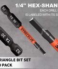 Front view of a 10-pack triangle screwdriver bit set with 1/4-inch hex shank, S2 steel, labeled TA12–TA30.