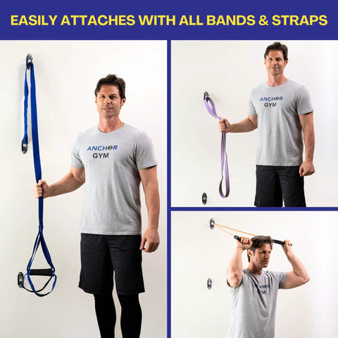 Person demonstrating Heavy Duty Resistance Band Wall Anchor System For Home Gyms With Stretch Straps and Suspension Trainer Mount.