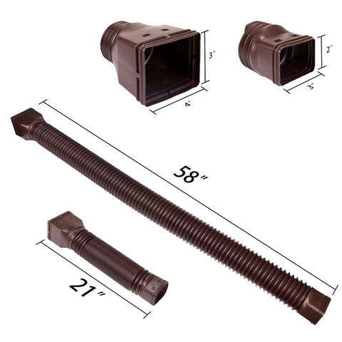 2 Pack Flexible Downspout Extensions With Diverter, Extendable From 21 To 58 Inches, Brown, Drain Pipe Connector, different sizes.