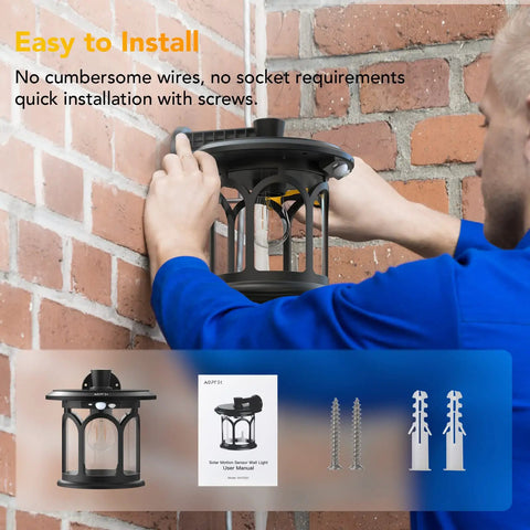 Person installing Lit Two Pack Solar Wall Lights Outdoor With Motion Sensor And Dusk To Dawn Waterproof Lantern Sconces