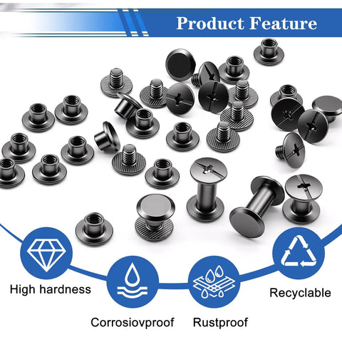 260Pcs Black Chicago Screws And Leather Rivet Kit in 7 sizes with corrosion-proof, high hardness, rustproof features
