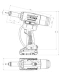 Top Shelf 18V Cordless Rivet Nut Gun With Hella Precision Adjustable Settings Quick Bite Mandrels Auto Reverse Reset And Bright LED Work Lights For Real Trade Shop Grind And Heavy Fabrication side view and technical dimensions schematic