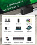 Universal 9V 2A Power Adapter With 11 Interchangeable DC Tips, 100V-240V Worldwide Input, 5.5x2.1mm Barrel, Positive Center, Delivers 18W For 0.1A-2A Devices, Fits Cameras, Small Electronics, And Home Gear, black adapter with device compatibility examples