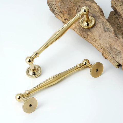 Premium Solid Brass Cabinet Pulls 5 Pack With 5 Inch Center Hole Gold Drawer Handles for Kitchen Cupboard Furniture and Bathroom Fixtures showing two elegant designs on a light background.