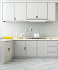 Modern kitchen with matte black cabinet handles square drawer pulls 2 pack, 396 mm total length, stainless steel finish on white cabinets
