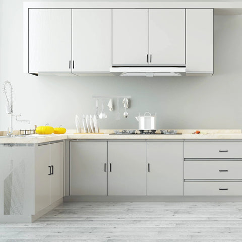 Modern kitchen with matte black cabinet handles square drawer pulls 2 pack, 396 mm total length, stainless steel finish on white cabinets