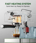 Top Notch Semi Automatic Espresso Maker With Built In Milk Steamer And 20 Bar Pressure showing fast heating system and espresso brewing.