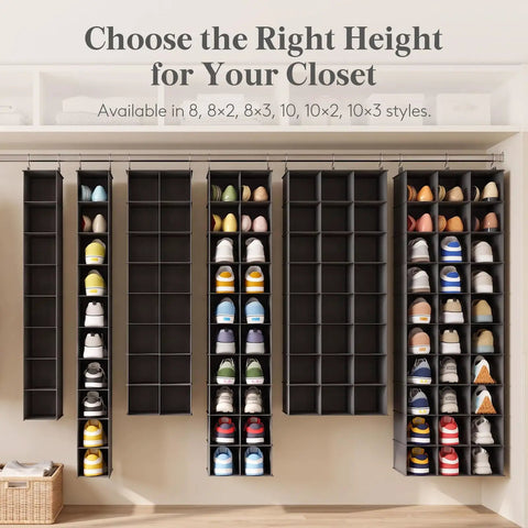 Dope Foldable Hanging Shoe Closet Rack Solid Thick Fabric Storage System With Wide Compartments Straight Up Perfect For Sneakers Flats Heels And Daily Slippers In Fresh Gray showing various shoe sizes organized in eight compartments.