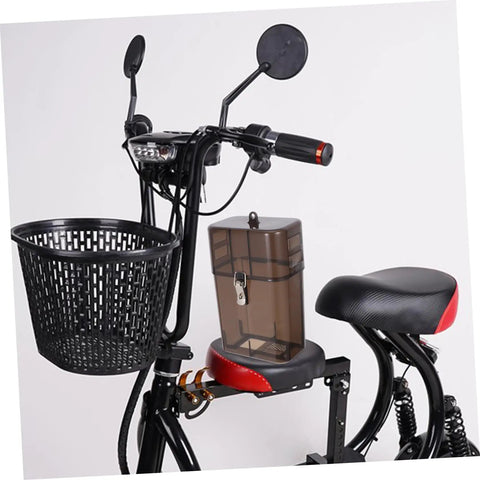 Rock Solid Waterproof Charger Cover For Electric Bike And Ebike Plug Protector Hood on bike seat with black basket, 9.63x6.09x3.93in.