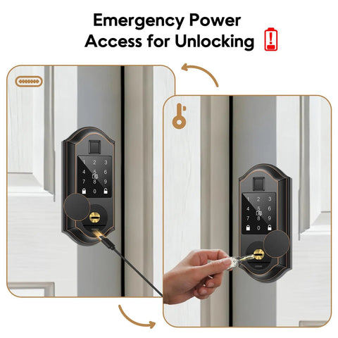 Robust As Hell Slick Fingerprint Smart Door Lock With Keypad And Touchscreen Automatic Deadbolt Oil Rubbed Bronze Finish displaying emergency power access.