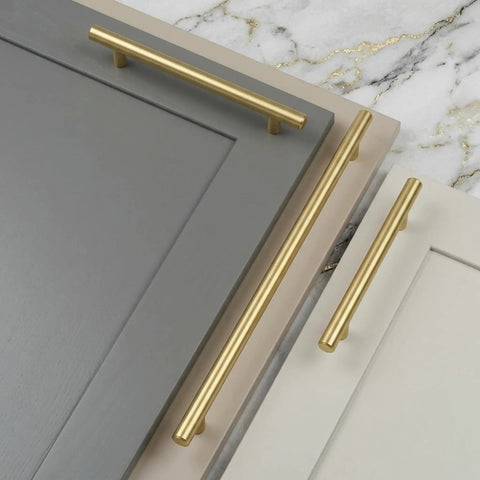 Heavy Hitter Solid Stainless Steel Bar Handles 25 Pack Euro Style Cabinet Pulls With Killer Brushed Satin Gold Brass Finish on cabinet doors