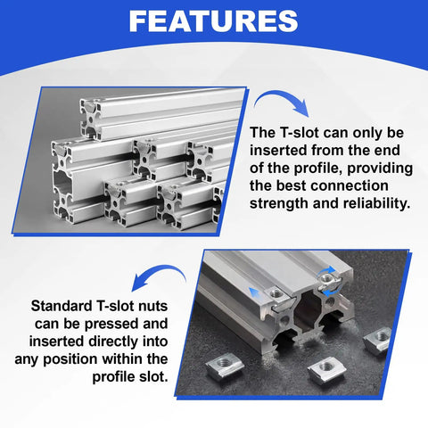 M4 Sliding T Slot Nuts 200 Pack For 2020 Aluminum Extrusion Profiles, showing T-slots and nuts in use for assembly.