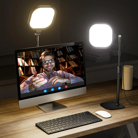 Adjustable Desk Ring Light With Stand For Webcam And Video Calls, 30 Light Modes for Live Streaming and Meetings, shown in a home office setup.
