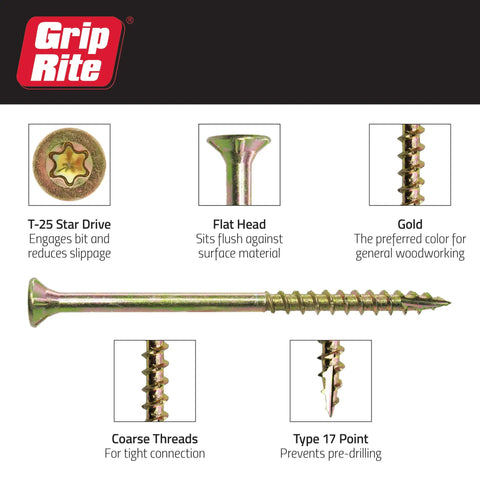9X3 Inch Construction Screw With T25 Star Drive Self Starting Type 17 Point No Pre Drill Needed Flush Flat Head Coarse Thread For Fast Drilling And A Clean Flush Finish Ideal For Woodworking Carpentry Decking And Heavy Duty Projects, shown in package with gold color and coarse thread details.