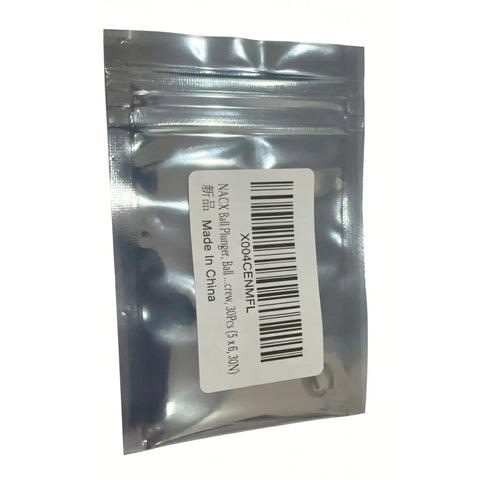 Product packaging of Pro Grade 304 Stainless Steel Ball Plunger And Spring Loaded Detent Screw 30 Pack 5 X 6 in silver bag.