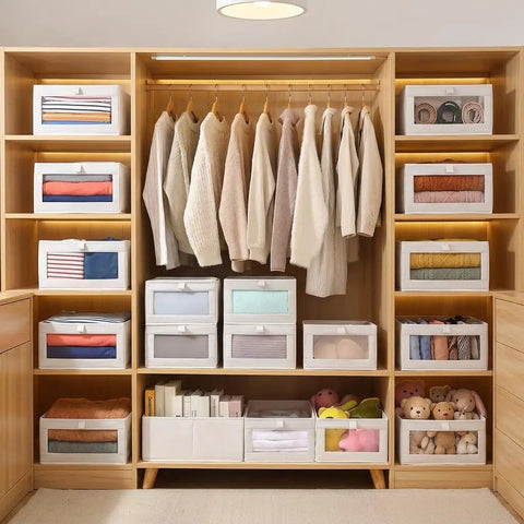4 Pcs Foldable Closet Storage Bins With Clear Window For Slick Organization And No Sweat Folding To Keep Your Wardrobe Tidy And Make Room Organization A Total Breeze in organized closet with clothes and toys.