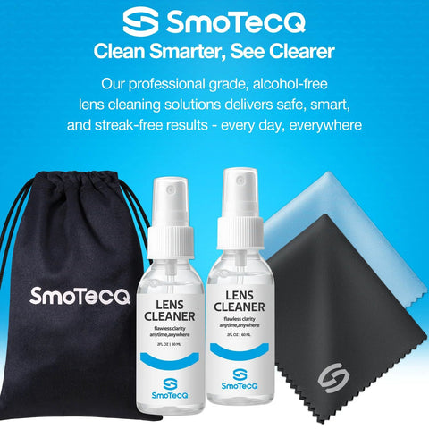 Front view of SmoTecQ Glasses Cleaner Kit: 2 spray bottles, 2 microfiber cloths (blue/black), travel pouch