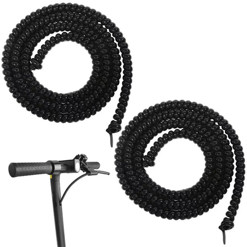 2 Pack Bike Brake Cable Housing Protectors Non Scratch Rubber Frame Guards Sleeve Spiral Covers for Bicycle Transmission and Derailleur Cables, Shifter Housing, 1M Length, 6mm Inner Diameter, 8mm Outer Diameter shown on scooter handlebar.