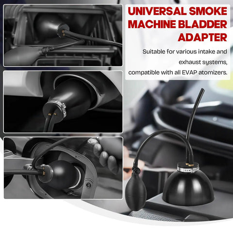 Universal smoke machine bladder adapter for automotive use, compatible with all EVAP atomizers, in various angles.