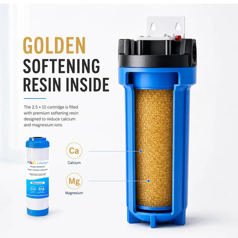 Real Deal Inline Water Softener For Every Residential Heater Kick Stubborn Calcium Crust To The Curb While Keeping Your Plumbing Smooth With NSF Certified Resin Guard, showing resin cartridge filled with softening resin.