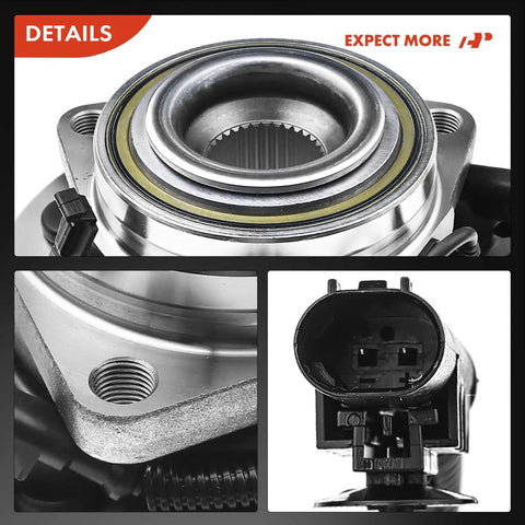 Heavy Duty Front Wheel Bearing And Hub Assembly With 5 Lug Setup And Built In ABS Sensor showing detailed ABS connector and metallic finish.