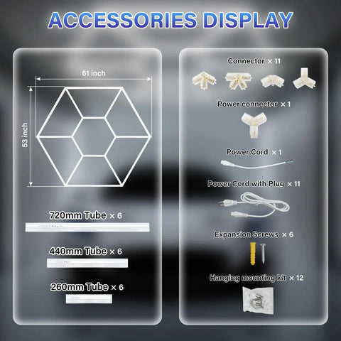 Dual Hex LED Garage Light Ceiling Fixture For Workshop And Gym 114W 14250LM 6500K Daylight White Pro Grade Build Honeycomb Hexagon Design Perfect For Garage Barbershop Office And Hobby Space accessories display showing connectors, power cords, expansion screws, and dimensions diagram.