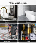 Lead Free Brass PEX Ball Valve Set Three Quarters Inch Two Pack shown in kitchen, bathroom, underfloor, and tube applications.