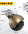 Smooth Operator 2 Inch Heavy Duty Double Ball Bearing Caster Wheels size dimensions with brass accents and rubber tread.