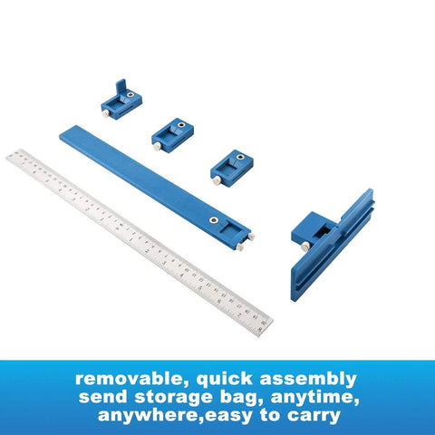 Adjustable Cabinet Hardware Jig With Quick Release Drill Guide for precise hole spacing with attachments and ruler layout.