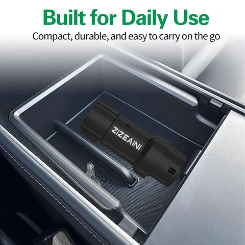 Road Ready GB To Type 2 EV Charging Plug, 32 Amp 3 Phase AC Electric Vehicle Adapter in a car glovebox, compact and easy to carry.