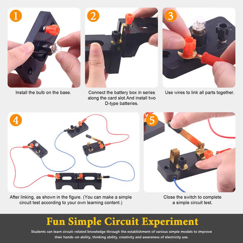 Badass 20 Piece Electrical Circuit Experiment Kit With Quick Attach Bulbs Dependable Switches And Heavy Duty Flexible Wiring, showing wiring setup steps.