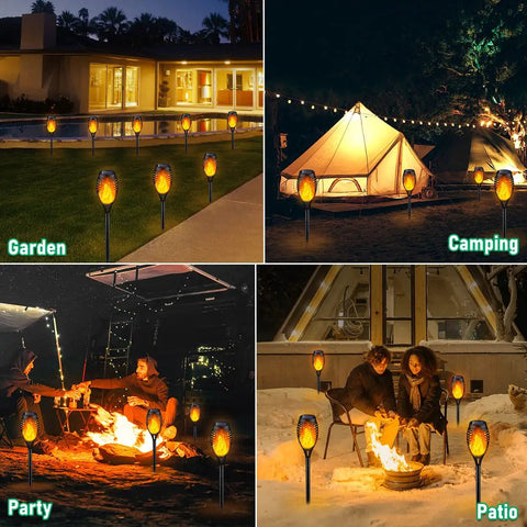 Solar Flame Torch Lights For Outdoor Decoration 12 Pack illuminating garden, camping, party, and patio settings at night.