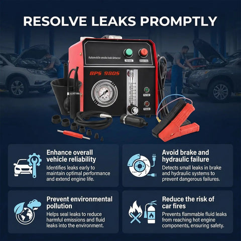 Garage Proof 12V Auto Smoke Machine And Air Pump Leak Detector With Built In Pressure Gauge For Evap Fuel And Vacuum Line Diagnostics Dual Mode Operation Catches Every Tiny Leak Daily Driver Safe with components displayed.
