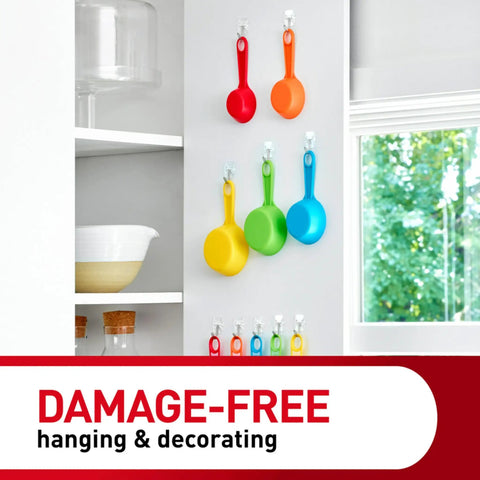 Colorful kitchen items hung using Clear Small Wire Toggle Hooks Set With 40 Hooks And 48 Adhesive Strips For Damage Free Hanging
