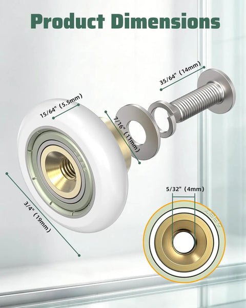 Solid as a Rock Sliding Shower Door Roller Replacement with 19mm Nylon Wheels and Rust Proof Brass Shaft Precision Sealed Ball Bearing dimensions.