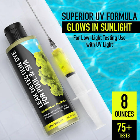 Slick UV Dye Kit For Finding Pool Leaks In Inground And Above Ground Pools Spa Or Hot Tub, 8oz bottle with syringe, neon yellow dye.
