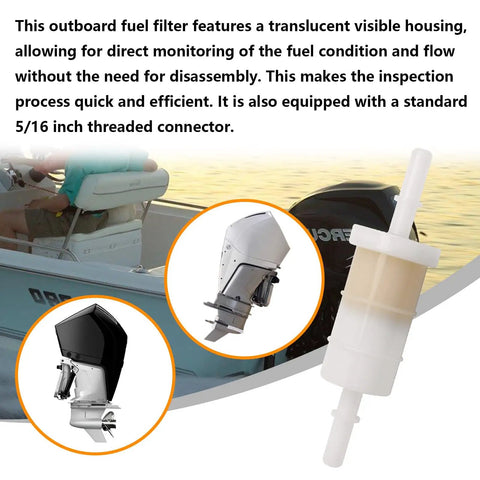 2 Pack 5/16 Inch Inline Fuel Filter For Outboard Motors 879885Q 879885T 879885K showing translucent housing in use