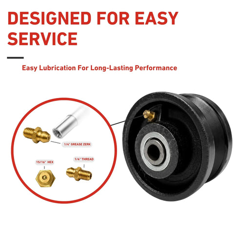 Heavy-Duty 3 Inch Cast Iron V Groove Sliding Gate Wheel featuring roller bearing, grease Zerk for easy lubrication.