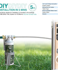 Top Shelf Rv Water Filter Inline Hose Filter With Nsf Certification 0.5 Micron Composite Carbon Block installed in grass with hoses.