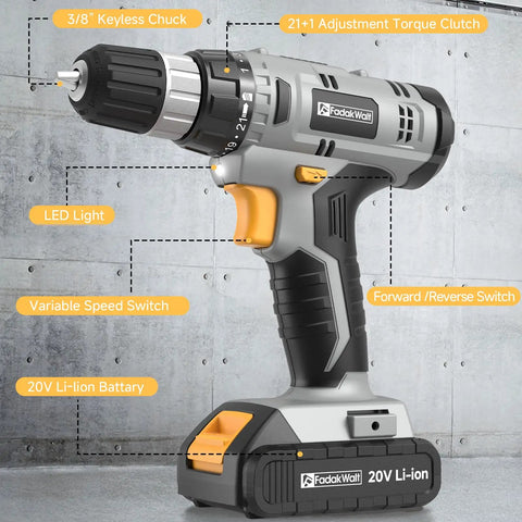 Killer 20V Cordless Drill Set With 2.0 Ah Battery And Charger 30 Nm Torque featuring 3/8 inch keyless chuck and variable speed switch.