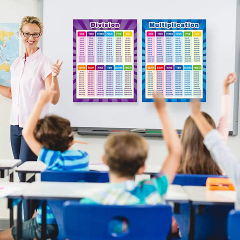 Two Pack Extra Large Educational Math Posters For Kids Featuring Kid Friendly Multiplication Times Tables Chart And Division Addition Subtraction Posters For Elementary And Middle School Classrooms displayed in a bright classroom with students.