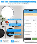 Smartphone showing WiFi Power Failure And Water Leak Alarm With Auto Shutoff Real Time Water Level Temperature And Humidity Monitoring app interface.