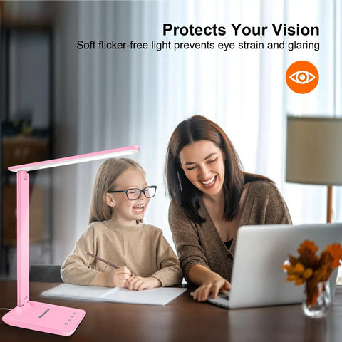 Deep Black First-Generation LED Desk Lamp With USB Port, Dimmable Table Light next to mother and child smiling at laptop