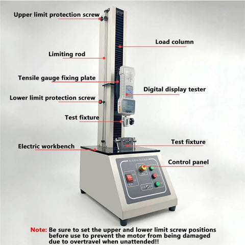 Slick Operation Electric Tensile Tester With Four Hundred Fifty Millimeter Stroke Digital Force Gauge showcasing test fixtures and control panel.